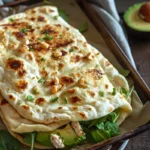 Cottage cheese flatbread wrap with chicken and avocado