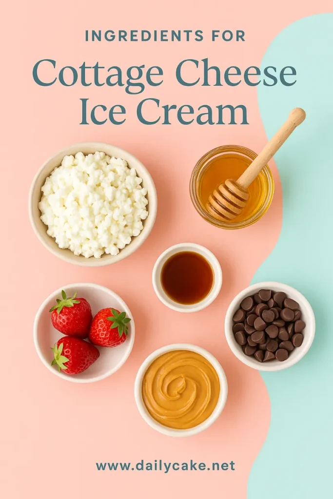 Cottage Cheese Ice Cream: A High-Protein Dessert You’ll Love 6 Ingredients for cottage cheese ice cream including cottage cheese, honey, and strawberries