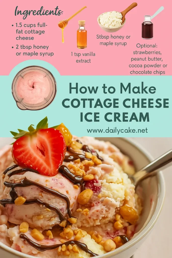 Cottage Cheese Ice Cream: A High-Protein Dessert You’ll Love 8 Pinterest step-by-step cottage cheese ice cream image with ingredients, blending, serving