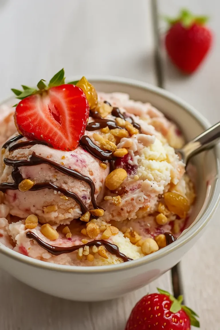 Cottage Cheese Ice Cream: A High-Protein Dessert You’ll Love 9 Scoops of strawberry and peanut butter cottage cheese ice cream in a bowl