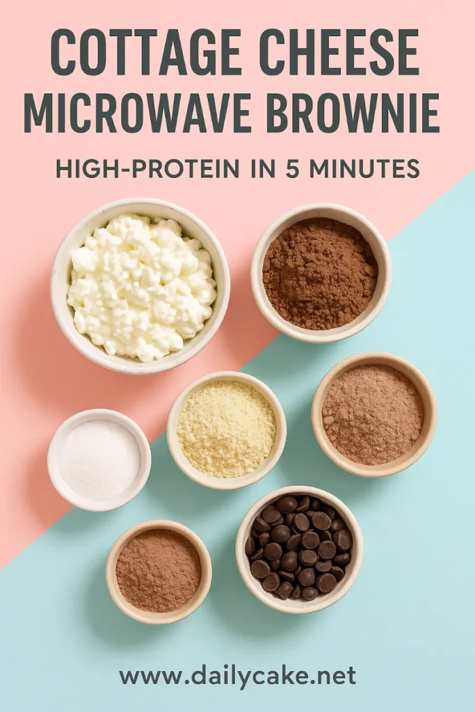 Cottage Cheese Microwave Brownie – High-Protein 5-Minute Treat 7 cottage cheese microwave brownie ingredients flat lay