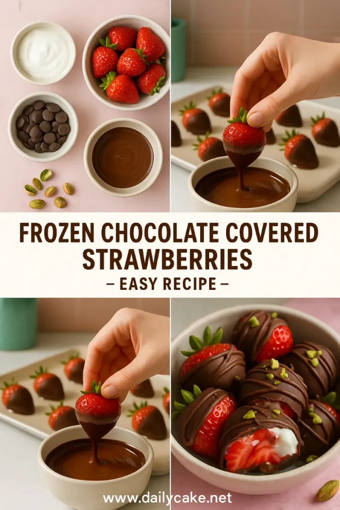 Frozen Chocolate Covered Strawberries: Easy DIY Freezer Dessert 9 Pinterest pin showing frozen chocolate covered strawberries process