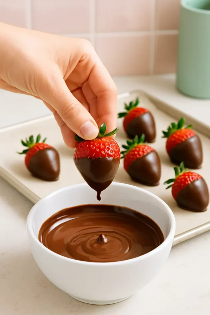 Frozen Chocolate Covered Strawberries: Easy DIY Freezer Dessert 6 Dipping strawberries into melted chocolate for freezing