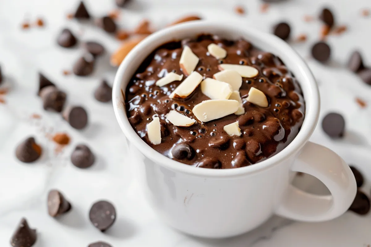 Healthy chocolate mug cake in white mug
