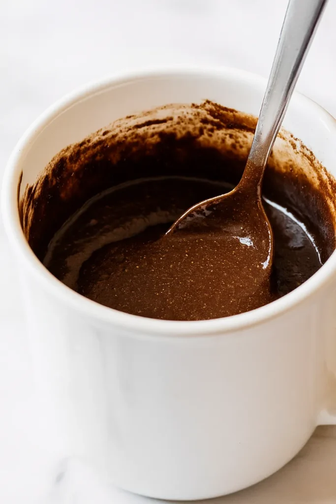 Healthy Mug Cake That Actually Tastes Good 7 Mixing almond flour and cocoa powder in a mug for healthy mug cake