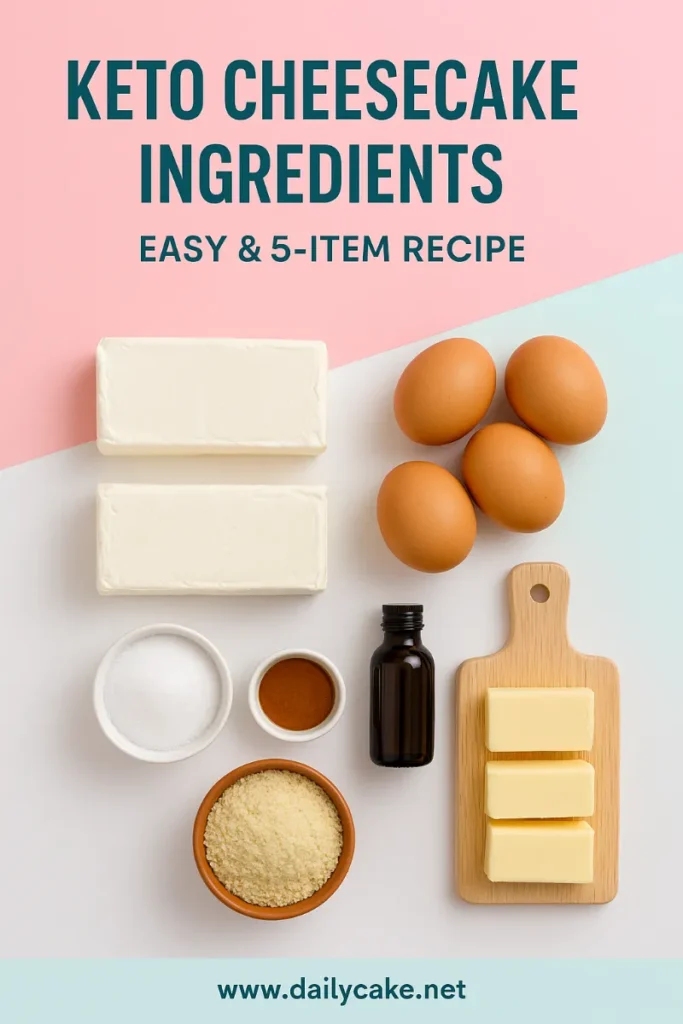 Keto Cheesecake Recipe That’s Creamy, Low-Carb & Irresistible 5 keto cheesecake ingredients flat lay