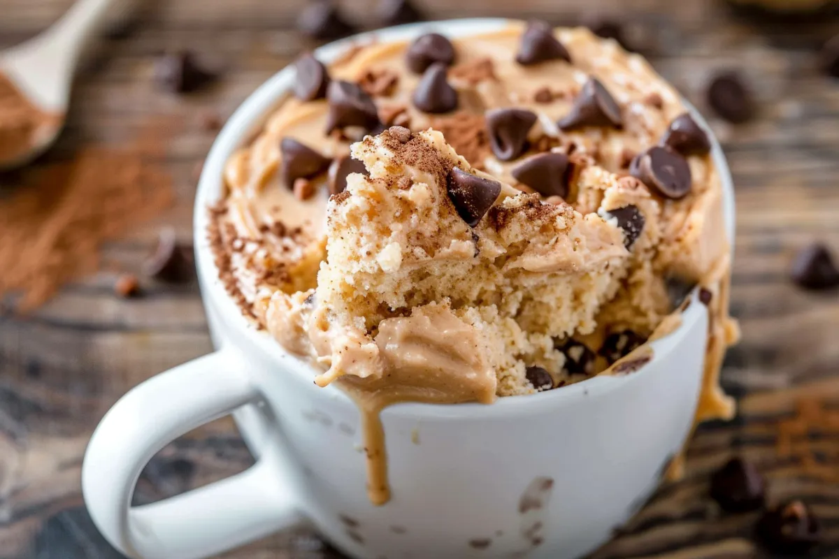 Close-up of a fluffy peanut butter mug cake topped with chocolate chips in a white mug