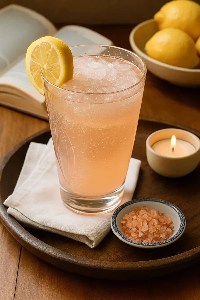 Pink Salt Trick Recipe: The Simple Daily Ritual with Real Benefits 7 Served glass of pink salt trick recipe with lemon in cozy setting