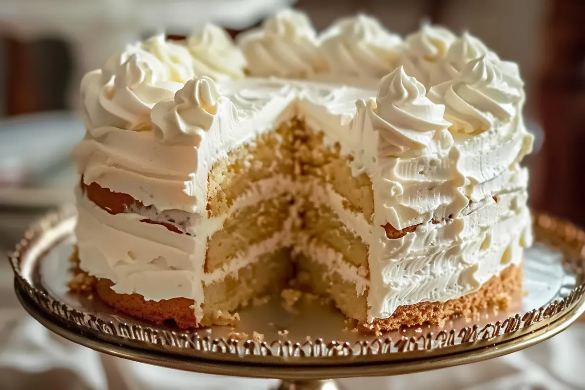 A three-layer vanilla sponge cake with whipped cream frosting from Rosemary's Bakery, shown with a slice removed to reveal the creamy layers.
