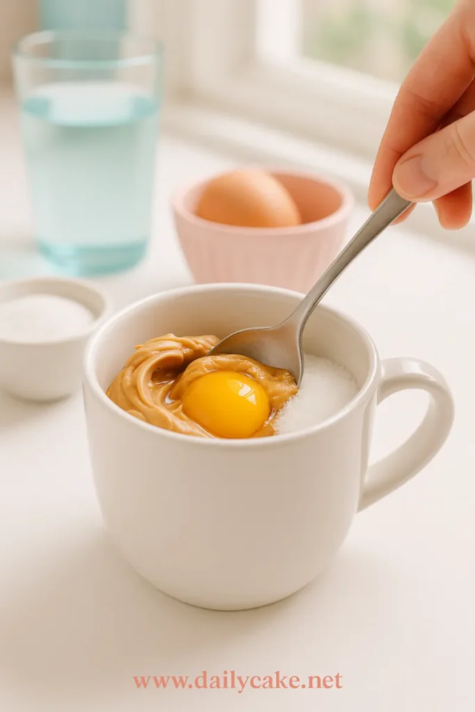 Peanut Butter Mug Cake – Quick, Easy, and Irresistible 6 mixing peanut butter mug cake batter in mug