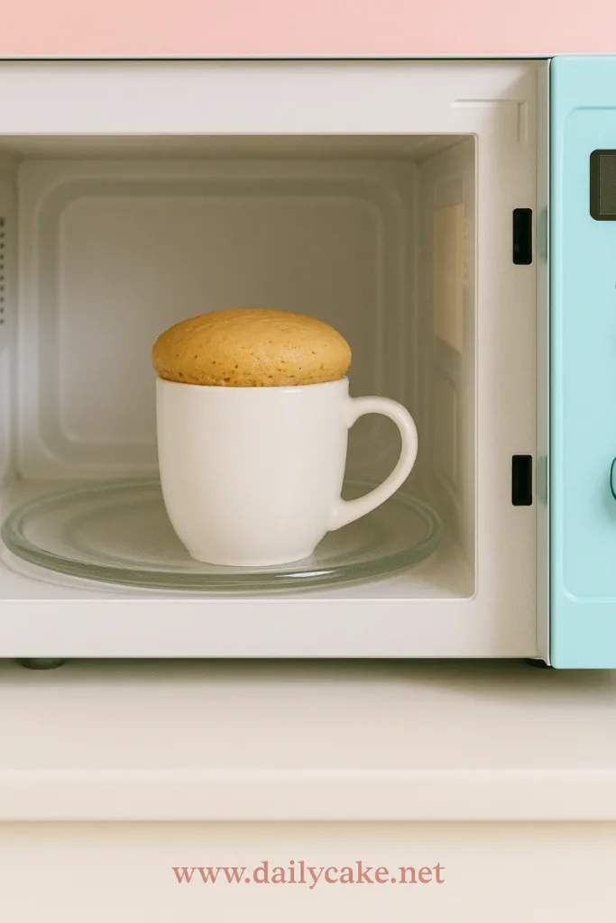 Peanut Butter Mug Cake – Quick, Easy, and Irresistible 7 microwaving peanut butter mug cake in white mug