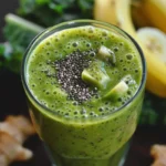 Green belly fat burner smoothie in a clear glass topped with chia seeds, surrounded by fresh ingredients like banana, kale, ginger, and avocado on a dark wooden surface.