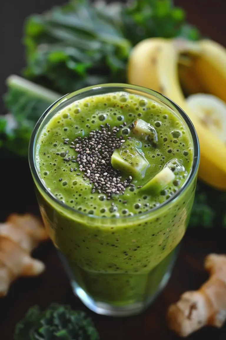 Weight Loss Smoothies: Easy, Delicious Recipes That Burn Fat Naturally 6 Green belly fat burner smoothie in a clear glass topped with chia seeds, surrounded by fresh ingredients like banana, kale, ginger, and avocado on a dark wooden surface.