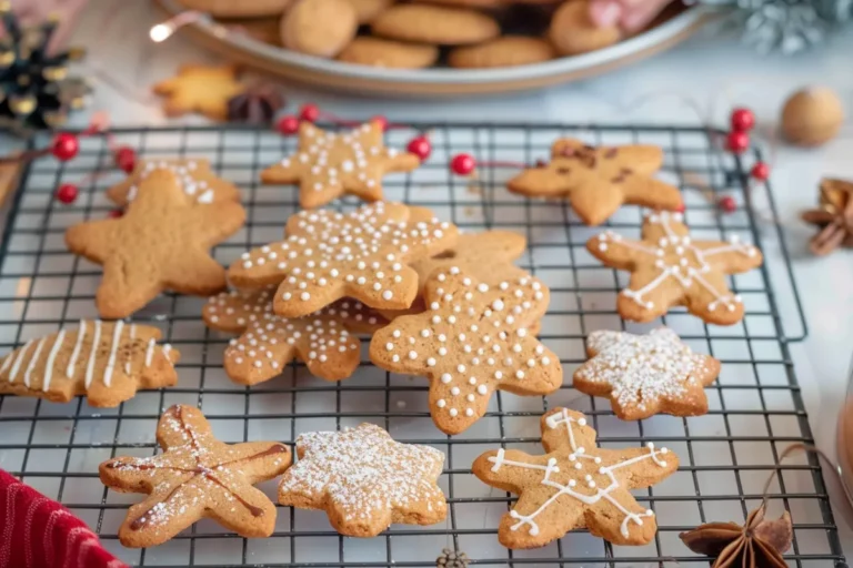 Low-Sugar Holiday Cookies That Everyone Will Love 5 Low-sugar holiday cookies shaped like Christmas trees cooling on a wire rack, dusted with coconut sugar and powdered monk fruit.