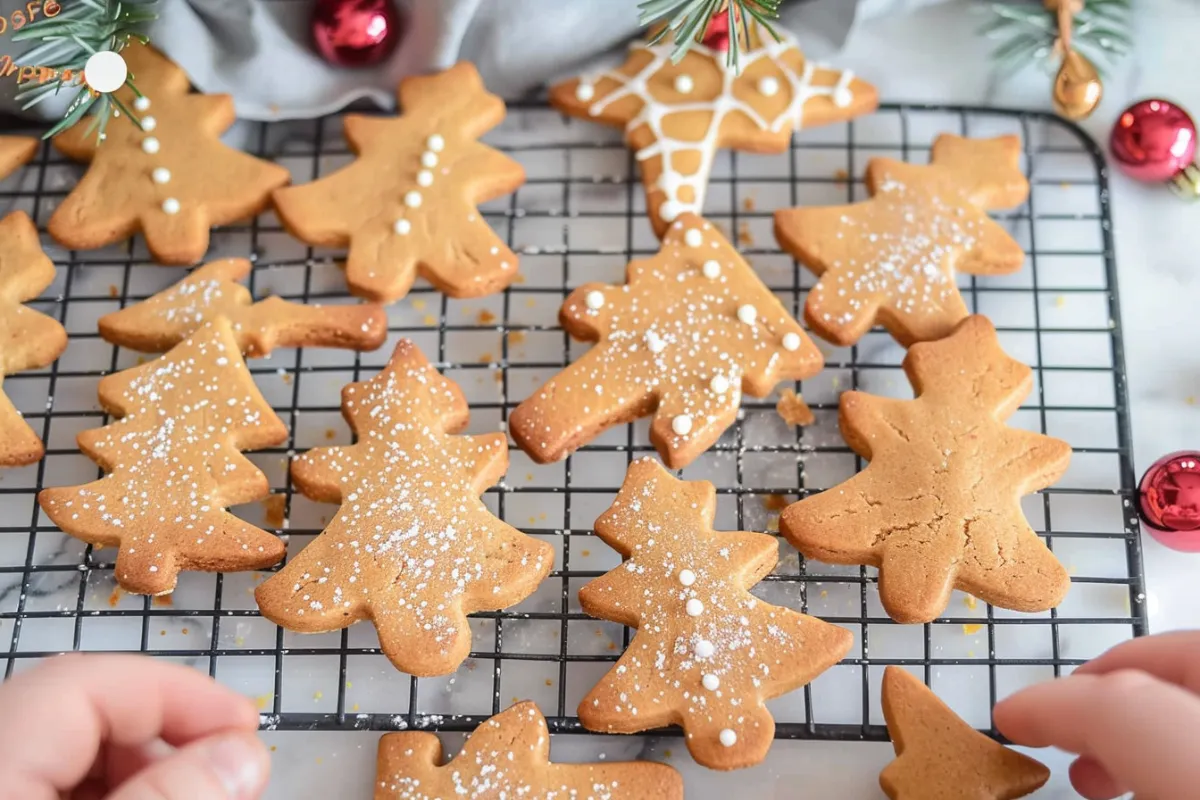 Low-sugar holiday cookies shaped like Christmas trees cooling on a wire rack, dusted with coconut sugar and powdered monk fruit.