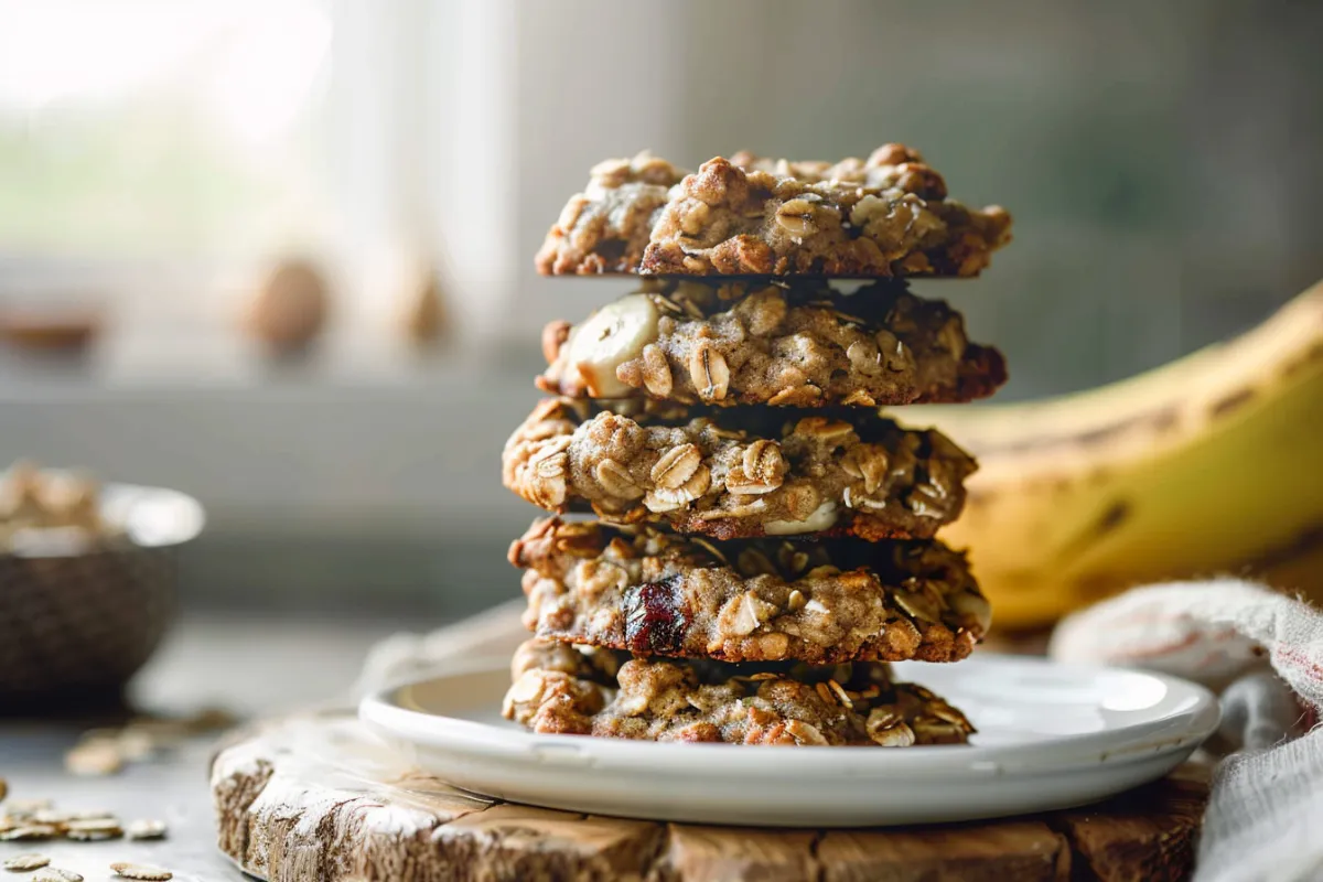 Stack of soft banana oat breakfast cookies on a ceramic plate