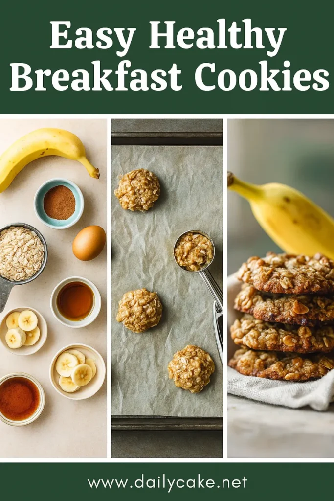 Breakfast Cookies: Soft, Healthy, and Perfect for Mornings 6 3-step vertical pin showing ingredients, baking, and final breakfast cookies
