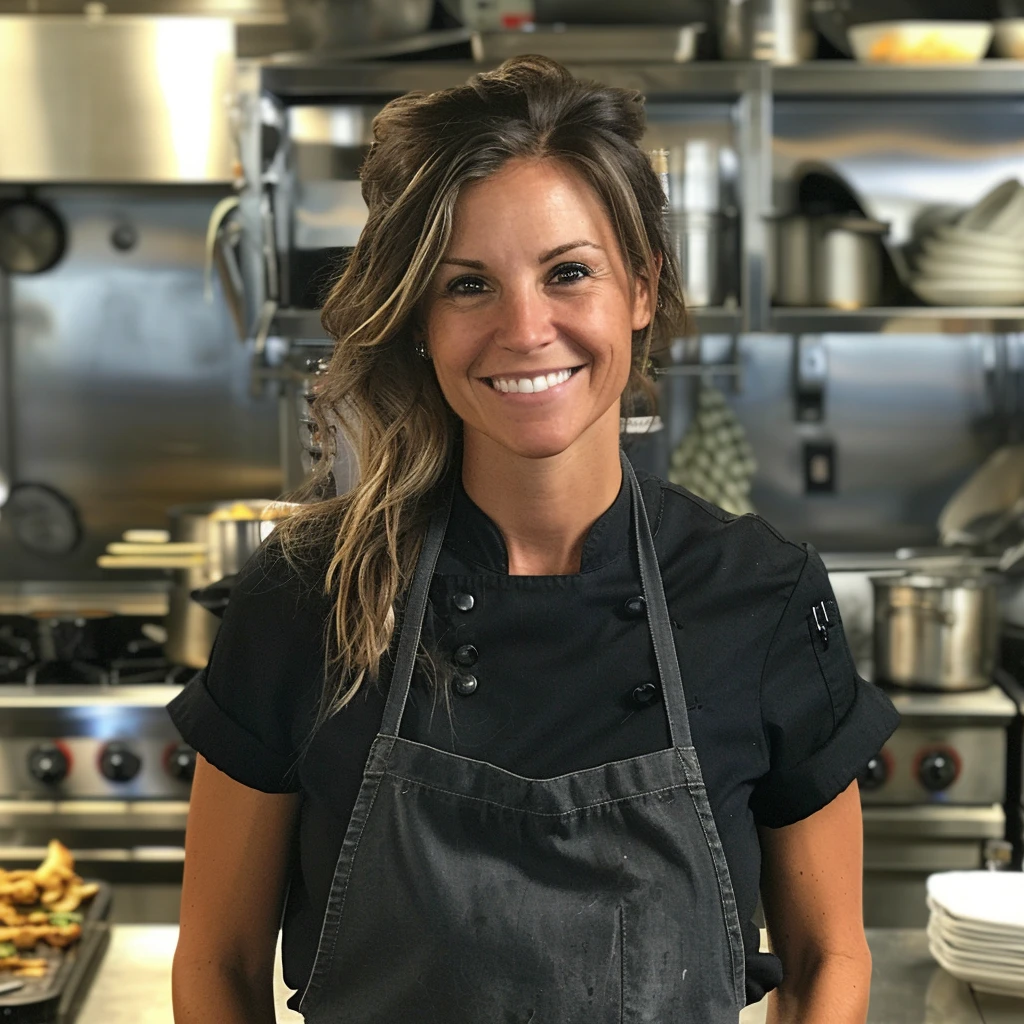 About me 1 Smiling chef in a black coat and apron standing in a professional stainless-steel kitchen.