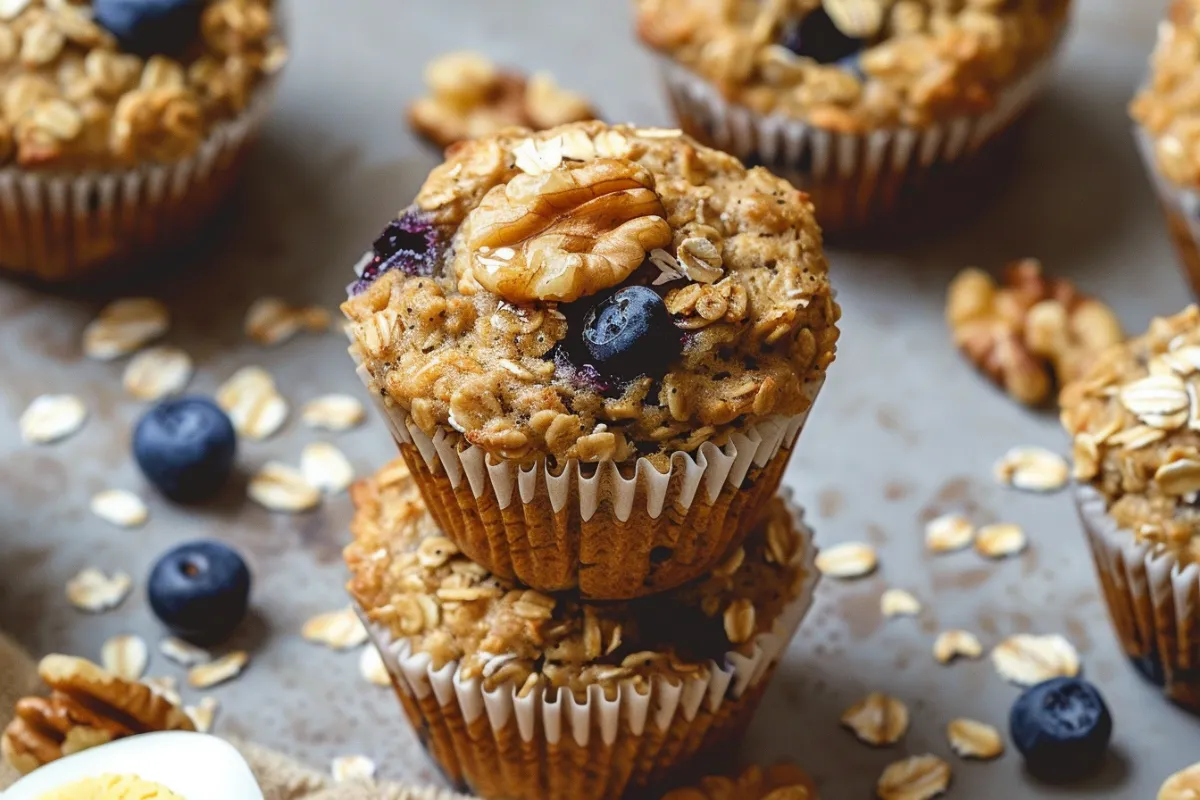 Healthy breakfast muffins made with oats, bananas, and Greek yogurt on kitchen counter.