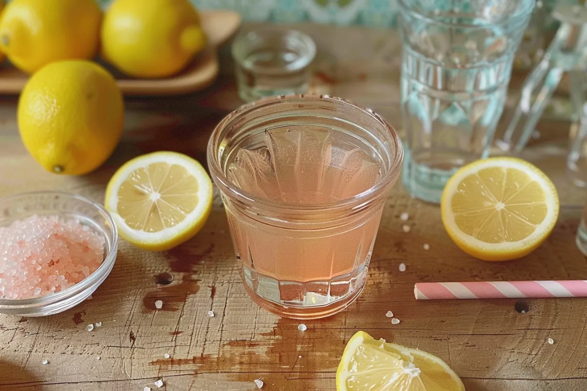 pink salt lemon water in a glass with fresh lemons and salt