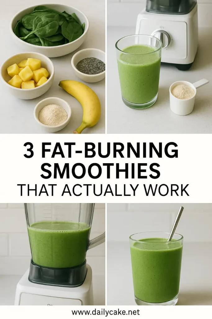 Weight Loss Smoothies: Easy, Delicious Recipes That Burn Fat Naturally 9 3-panel Pinterest pin of belly fat-burning smoothies