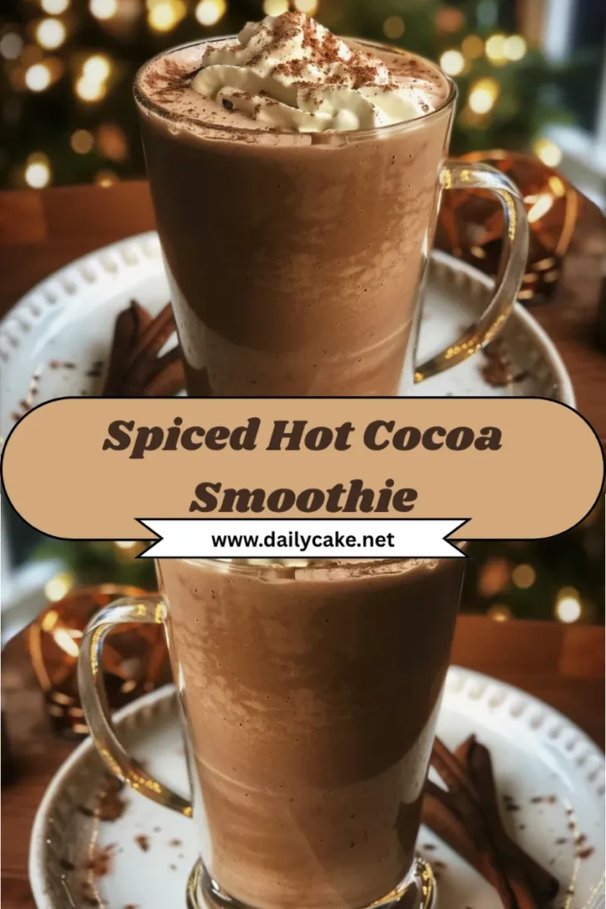A delicious spiced hot cocoa smoothie topped with whipped cream and a sprinkle of cocoa.