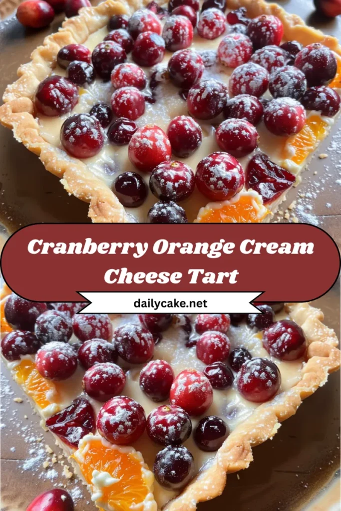 A beautifully arranged cranberry orange cream cheese tart topped with fresh cranberries and orange zest.