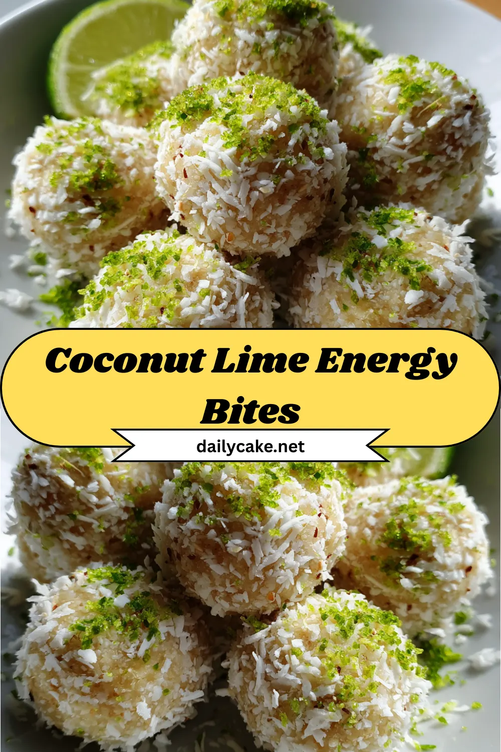  A close-up of coconut lime energy bites arranged on a plate, showcasing their texture and ingredients. 