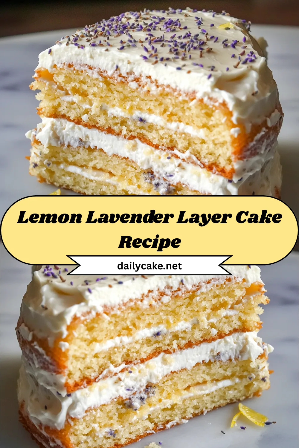 A three-layer lemon lavender cake decorated with fresh lavender sprigs and lemon slices.