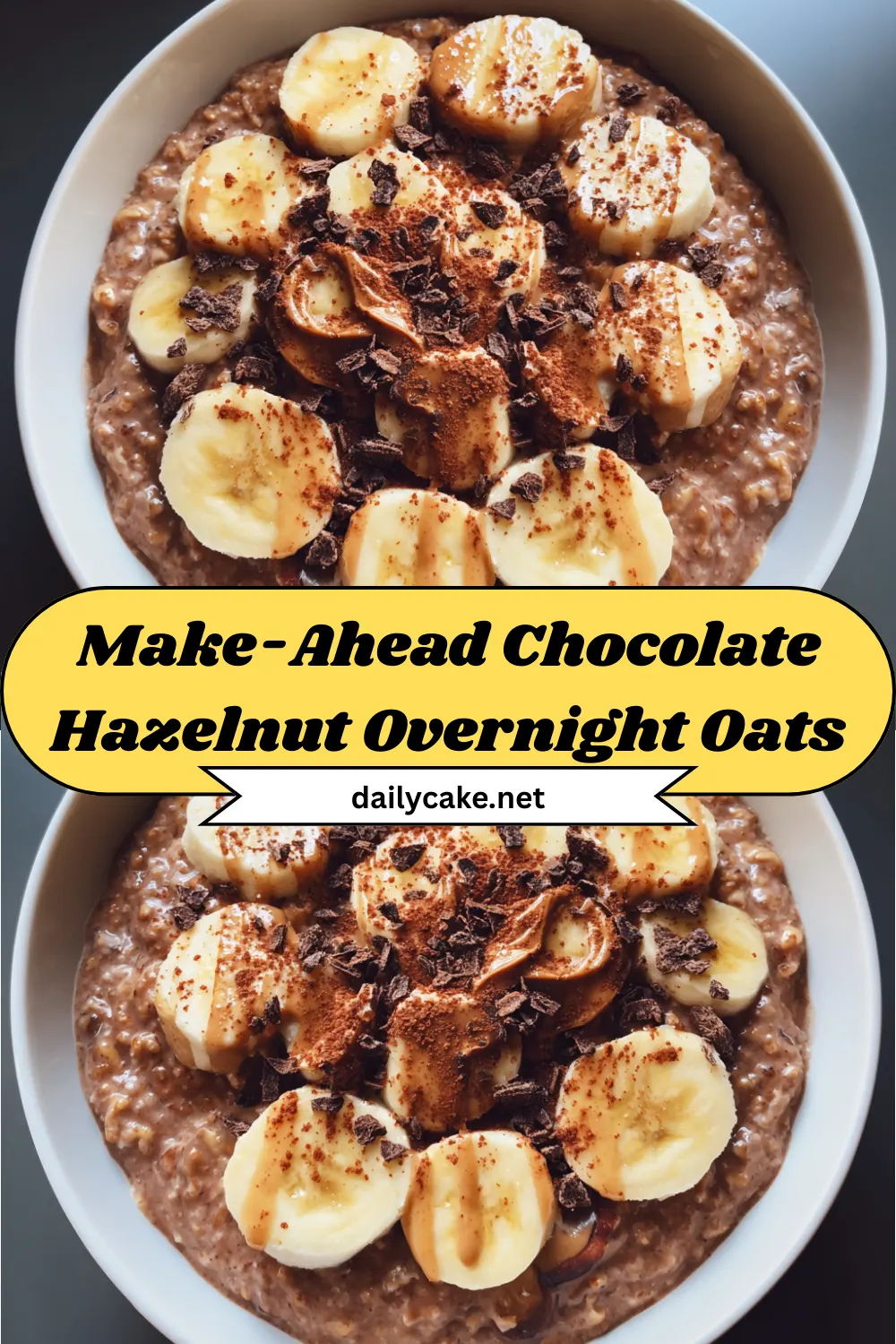 A bowl of chocolate hazelnut overnight oats. 