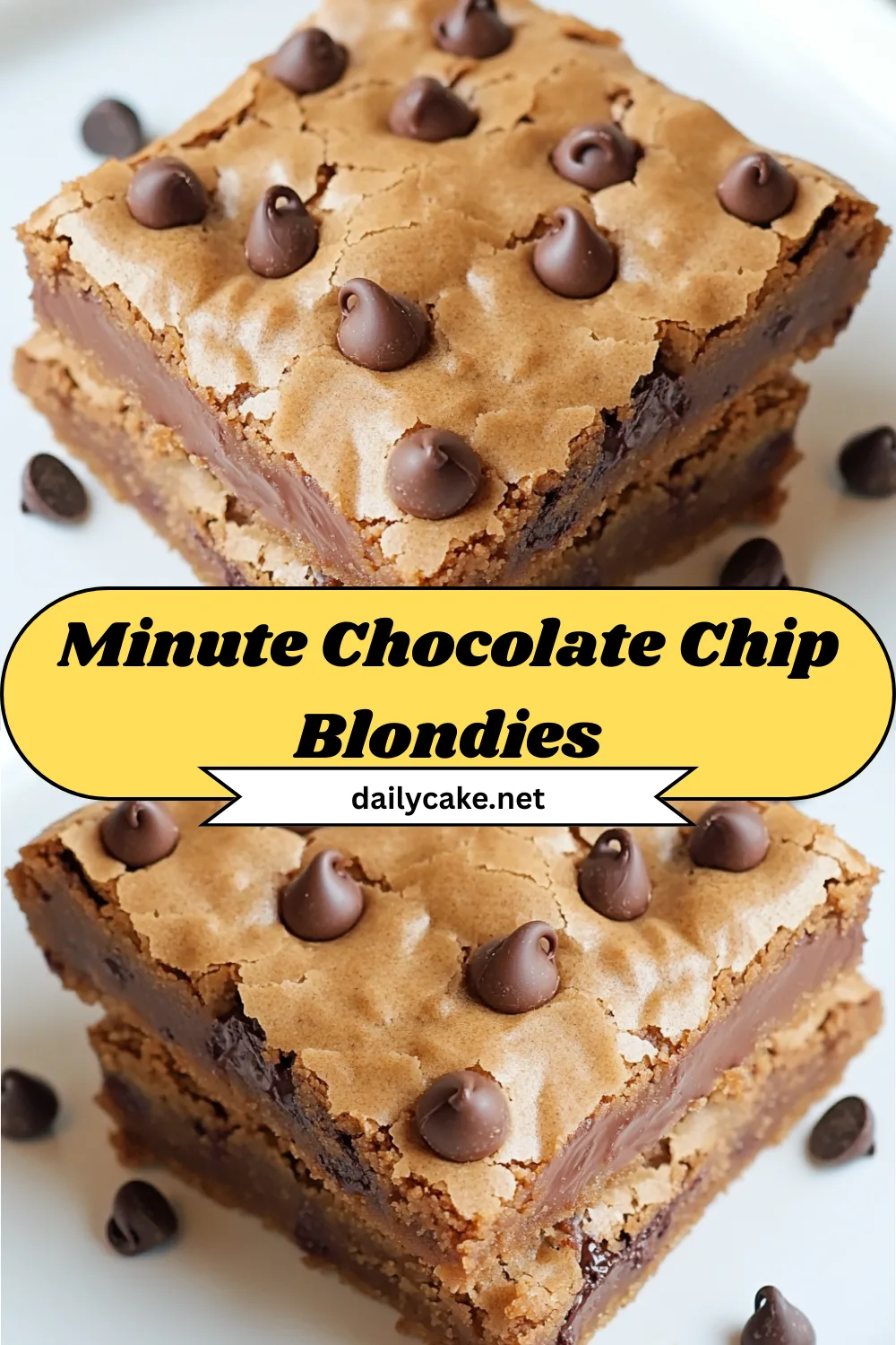 Minute-Chocolate-Chip-Blondies-Recipe A plate of warm, gooey chocolate chip blondies, freshly baked and ready to enjoy.