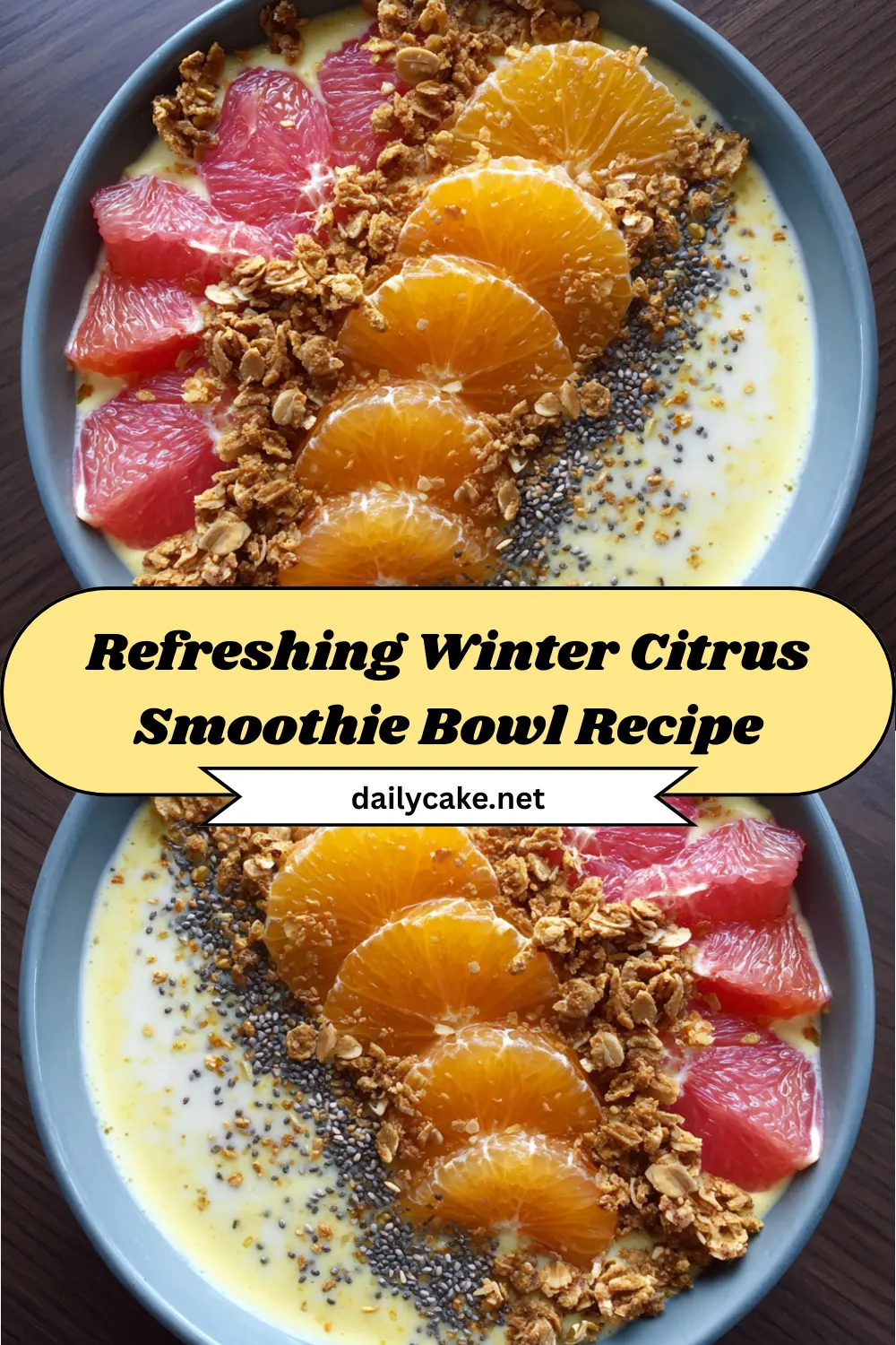 A vibrant winter citrus smoothie bowl topped with granola, nuts, and fresh fruits. 