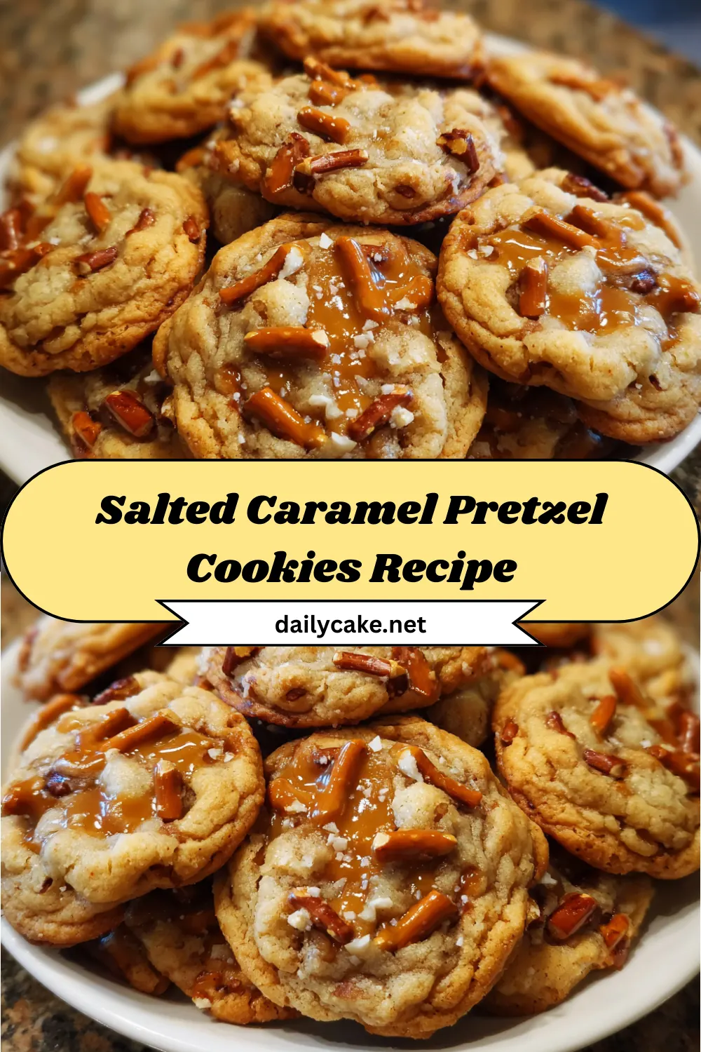 A plate of salted caramel pretzel cookies topped with flaky sea salt and caramel drizzle. 
