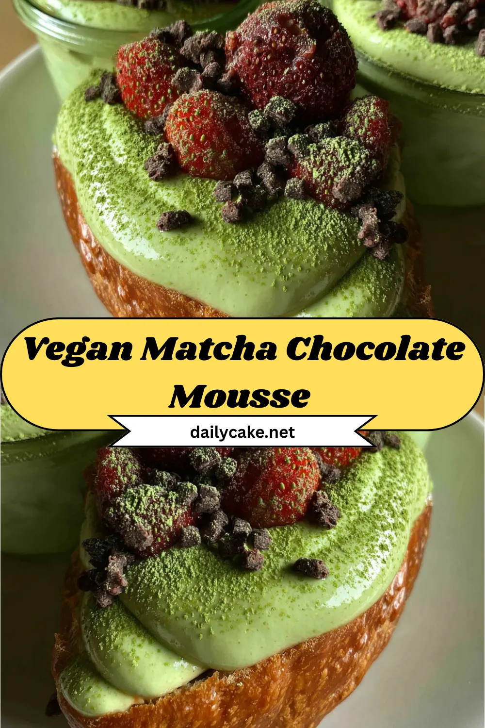 Vegan-Matcha-Chocolate-Mousse-Recipe A bowl of vegan matcha chocolate mousse topped with a sprinkle of matcha powder and dark chocolate shavings.