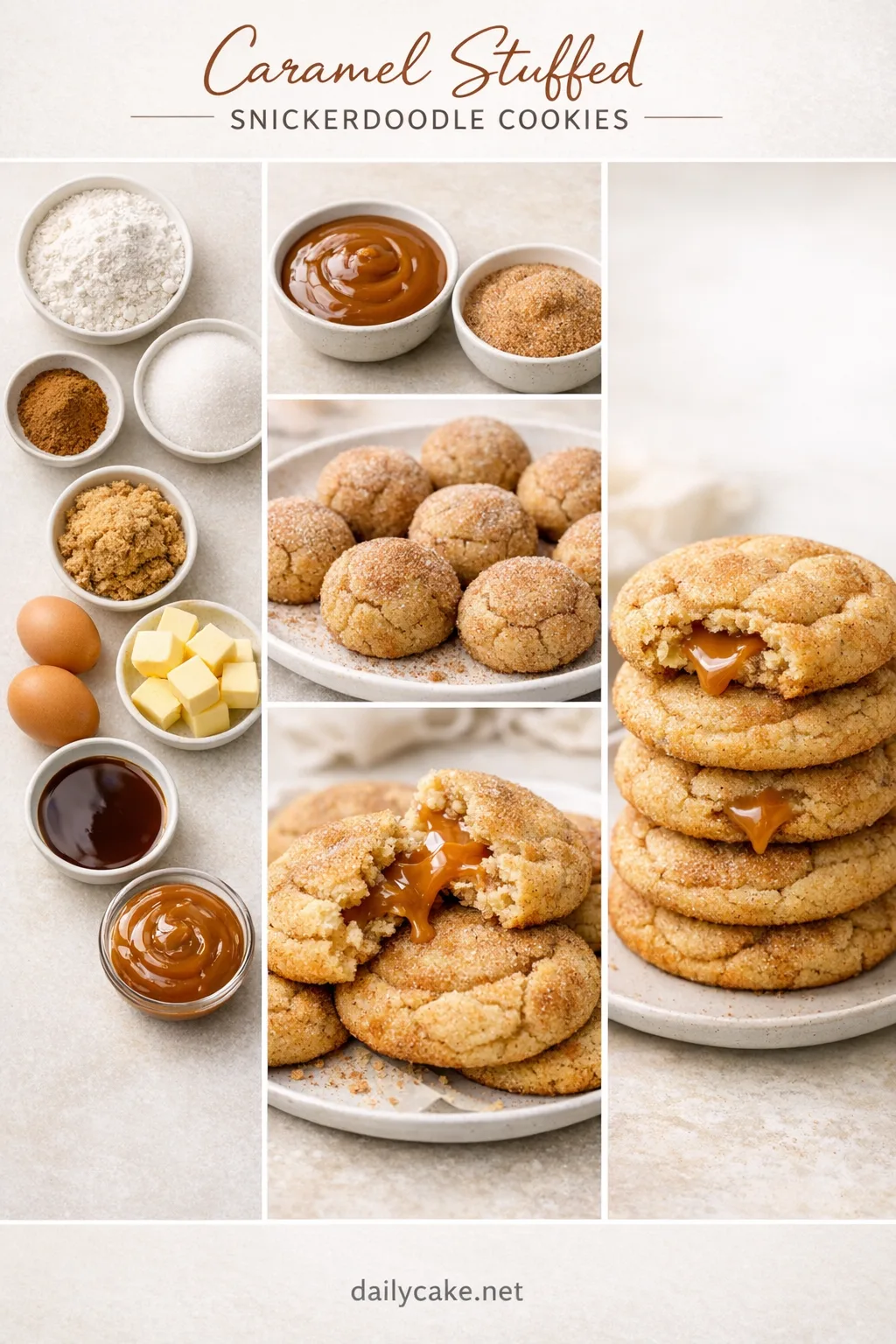 caramel-stuffed-snickerdoodle-cookies-recipe Soft snickerdoodle cookies with a caramel center, arranged on a plate.