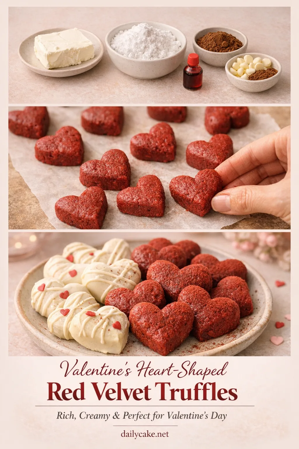 valentine-s-heart-shaped-red-velvet-truffles-recipe A plate of heart-shaped red velvet truffles dusted with cocoa powder, ideal for Valentine's Day.