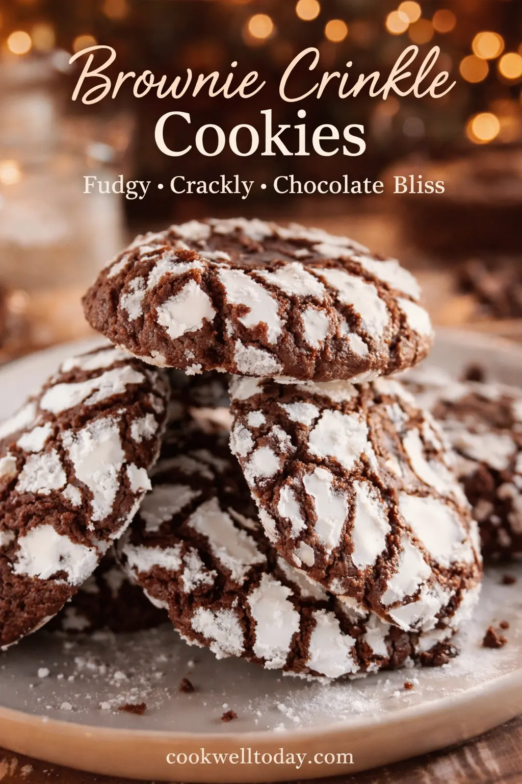 brownie-crinkle-cookies-recipe A plate of freshly baked brownie crinkle cookies showcasing their crinkled tops and rich chocolate color.