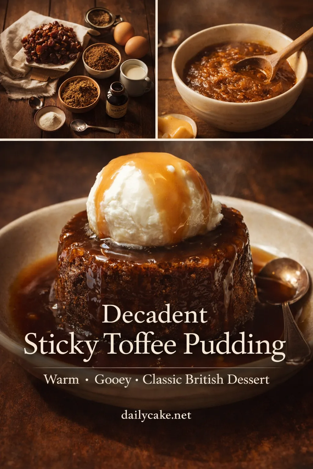 A warm serving of sticky toffee pudding drizzled with toffee sauce, topped with vanilla ice cream.