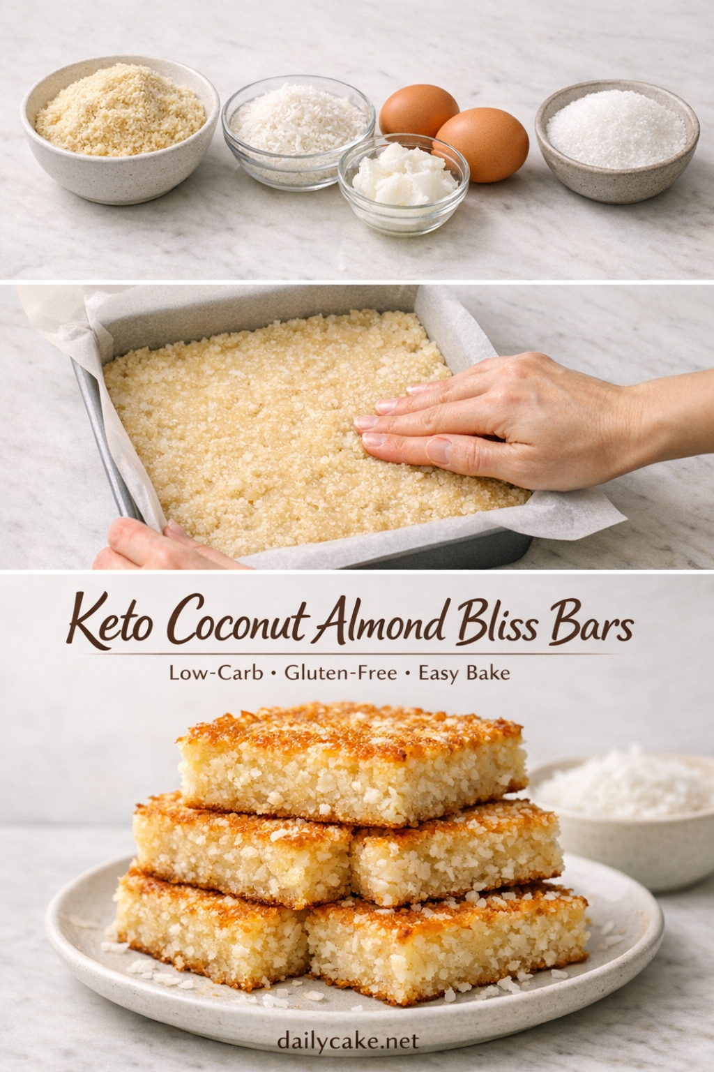 keto-coconut-almond-bliss-bars-recipe A plate of Keto Coconut Almond Bliss Bars, showcasing their chewy texture and coconut topping.