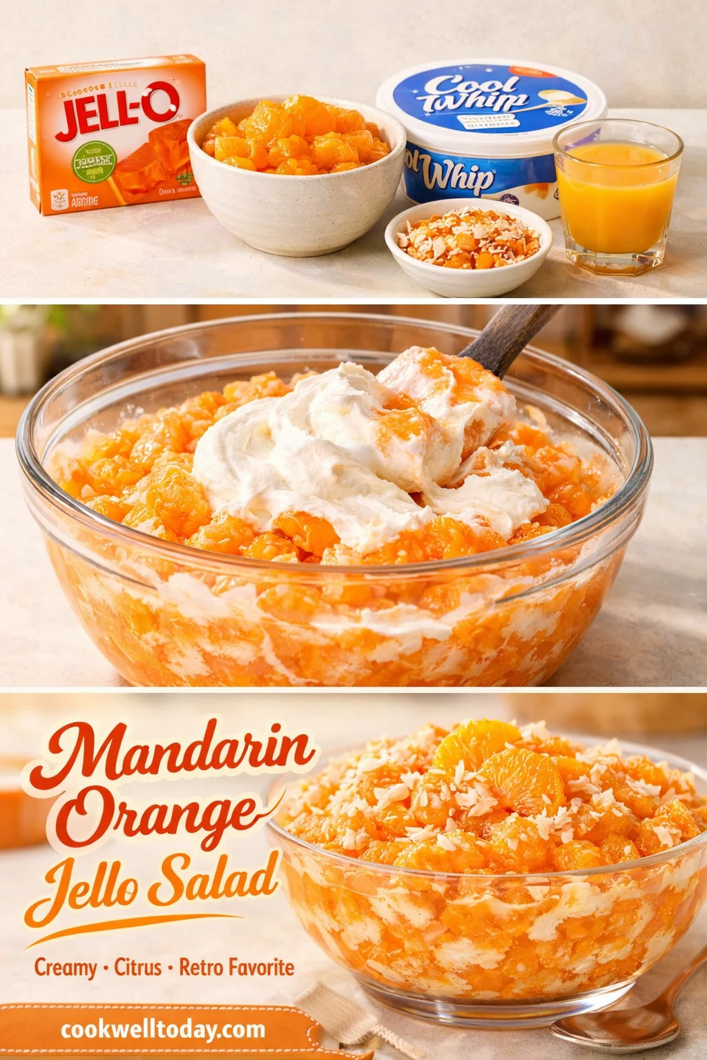 mandarin-orange-jello-salad-recipe A bowl of vibrant Mandarin Orange Jello Salad with orange slices and whipped topping