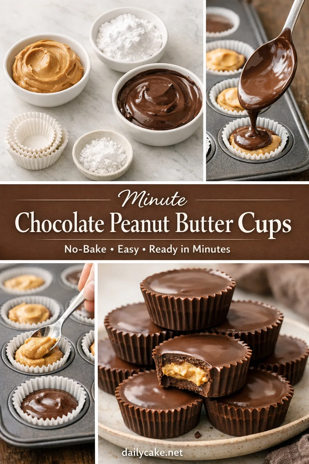 minute-chocolate-peanut-butter-cups-recipe A close-up of homemade chocolate peanut butter cups on a white plate, showcasing their creamy filling and smooth chocolate coating.
