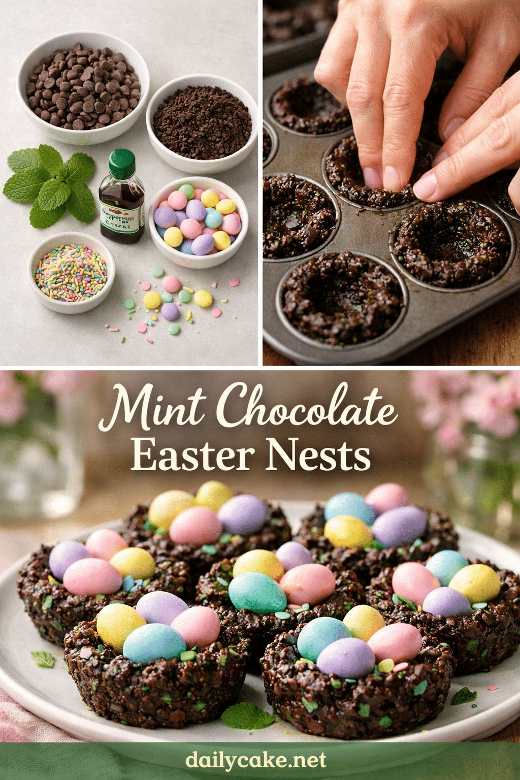 A close-up of mint chocolate Easter nests filled with candy eggs on a pastel background.
