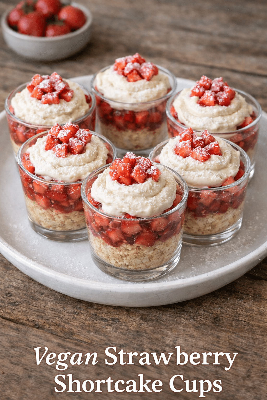 Vegan strawberry shortcake cups layered with sponge cake, fresh strawberries, and plant-based cream.